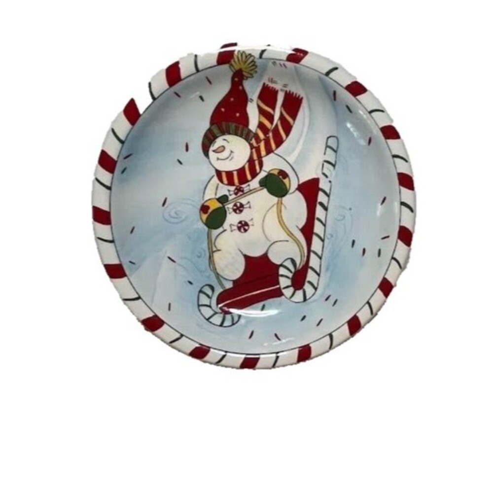 Gooseberry Patch 8" Cookie Plate Christmas Snowman on Sled Cqndy Dish Holiday